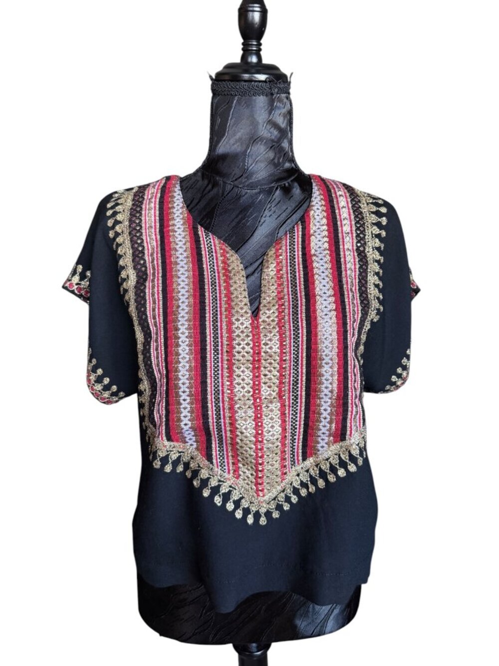Boho Black Embroidered Tunic Top Gold Metallic Trim Tassel V-Neck OS